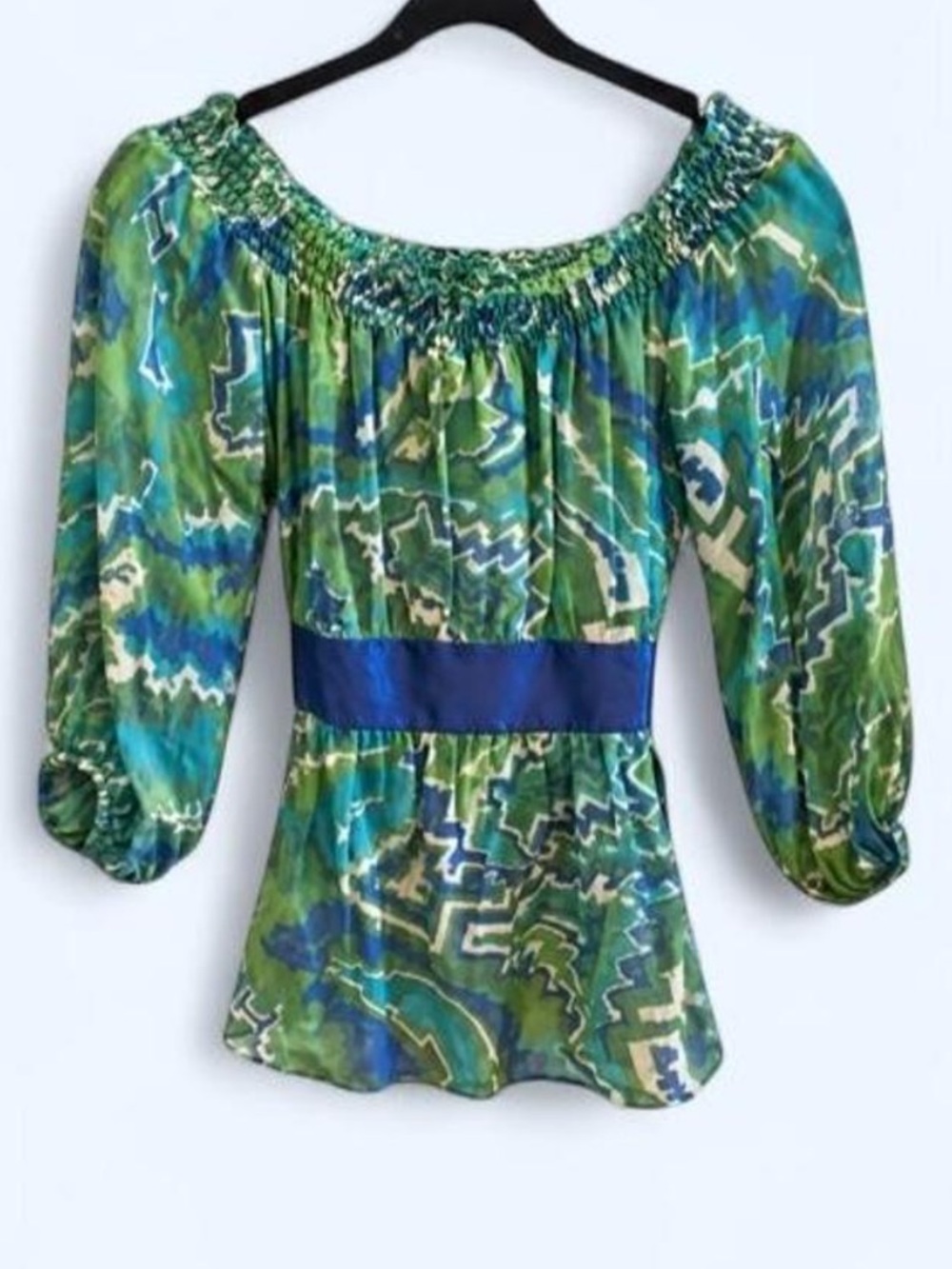 GUESS by Marciano Green Blue Abstract Geometric Off-Shoulder Tie Back Top Small